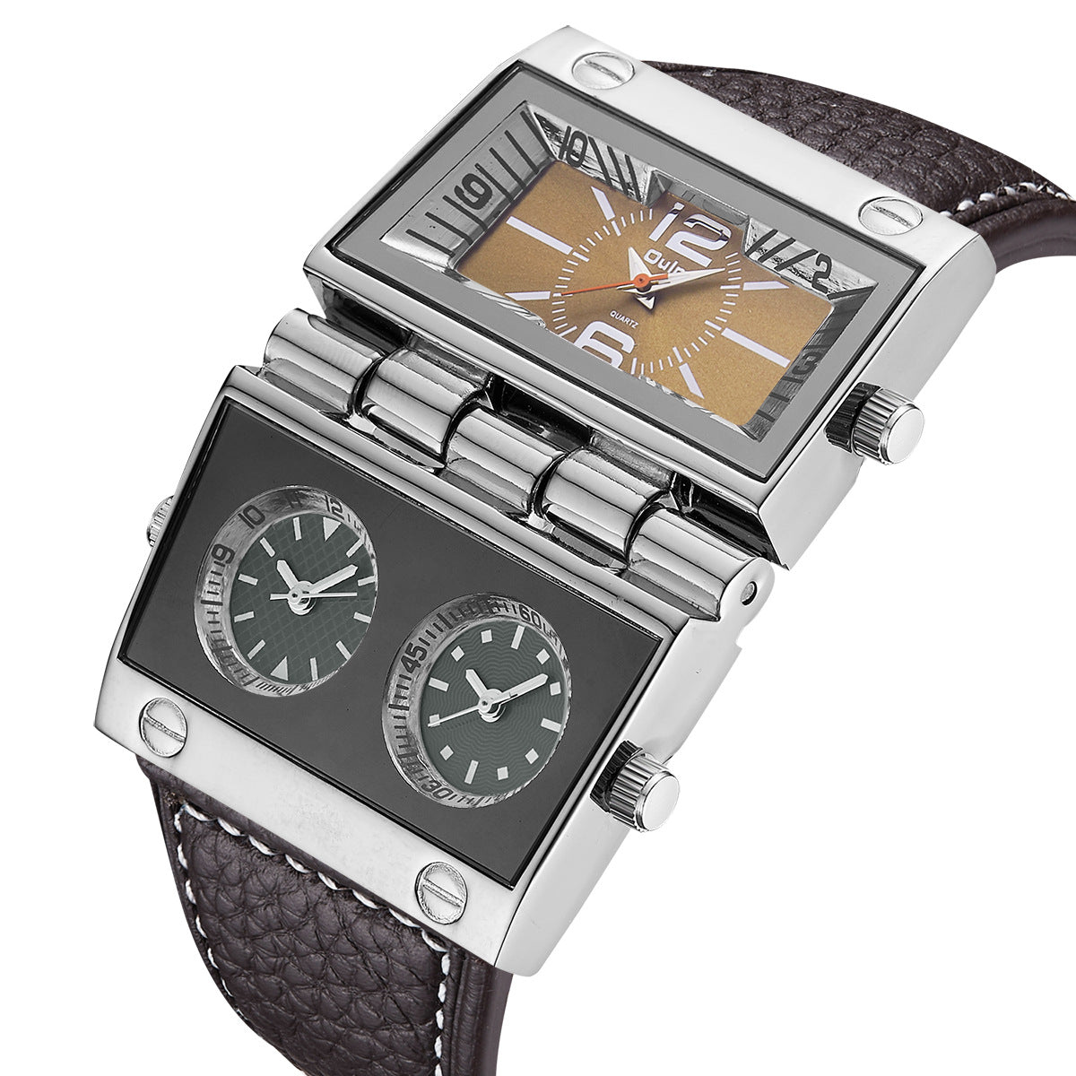 Men's Decoration Quartz Watch featuring a rectangular dial and leather band, perfect for sports and casual wear.