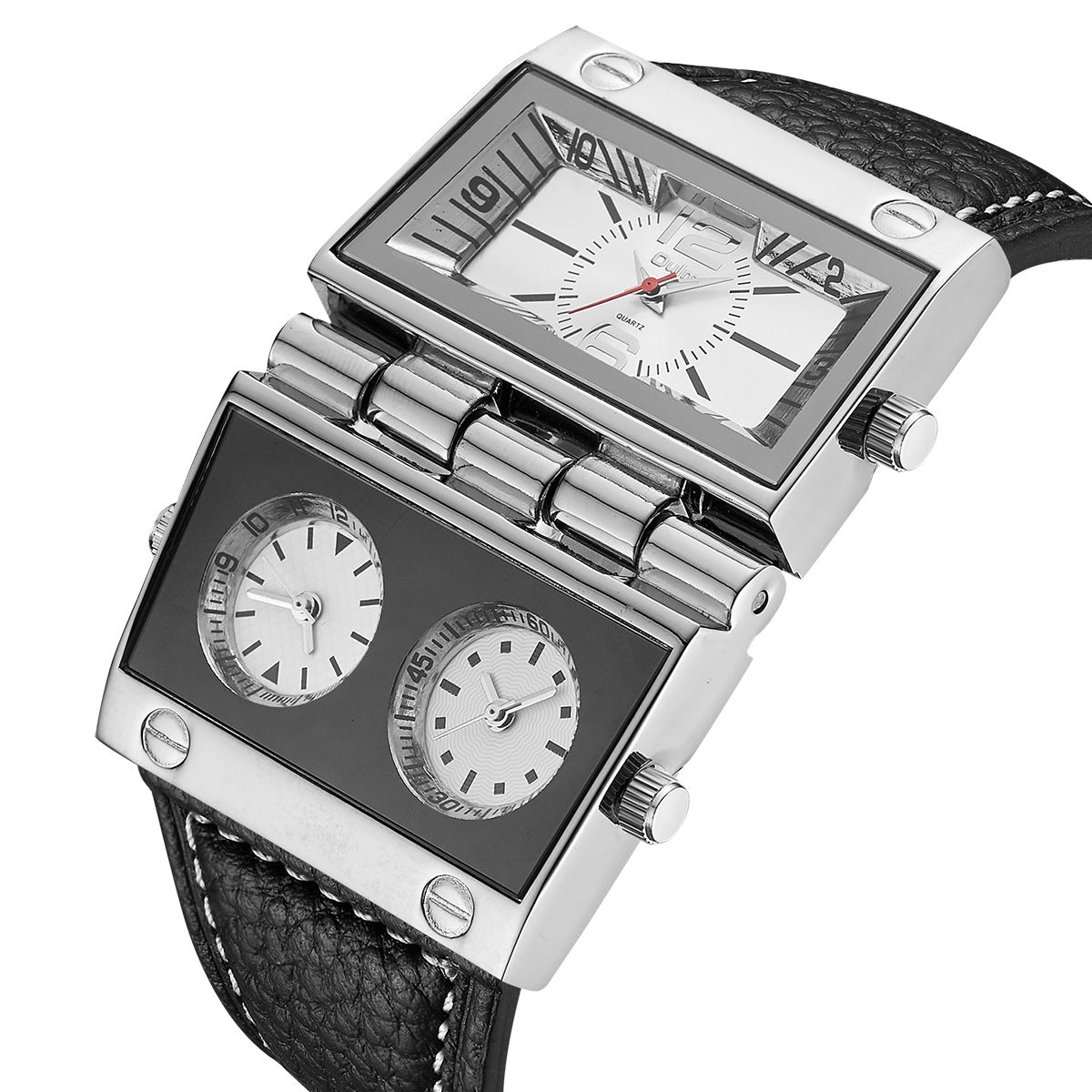 Men's Decoration Quartz Watch featuring a rectangular dial and leather band, perfect for sports and casual wear.