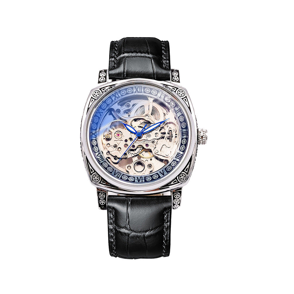 Men's Double-sided Tourbillon Mechanical Watch featuring a luminous dial, genuine leather strap, and elegant design.