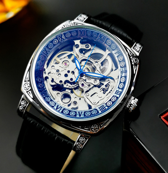 Men's Double-sided Tourbillon Mechanical Watch featuring a luminous dial, genuine leather strap, and elegant design.