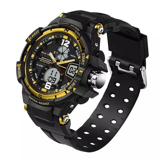 Men's Dual Display Electronic Watch featuring a large 50mm dial and durable plastic band, showcasing a modern design suitable for everyday wear.