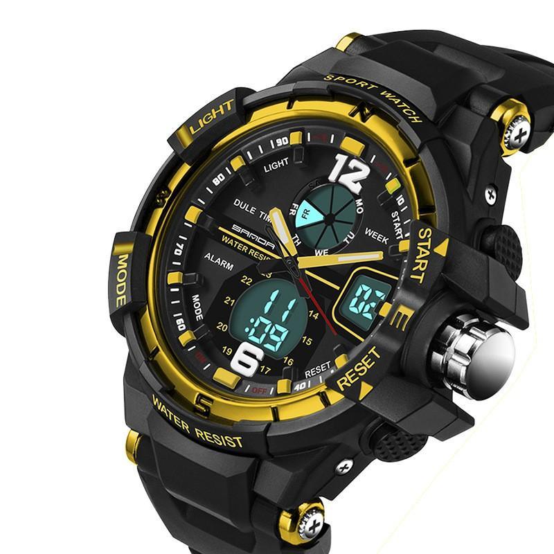 Men's Dual Display Electronic Watch featuring a large 50mm dial and durable plastic band, showcasing a modern design suitable for everyday wear.