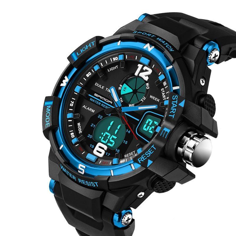 Men's Dual Display Electronic Watch featuring a large 50mm dial and durable plastic band, showcasing a modern design suitable for everyday wear.