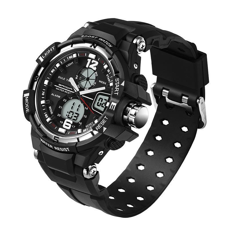 Men's Dual Display Electronic Watch featuring a large 50mm dial and durable plastic band, showcasing a modern design suitable for everyday wear.