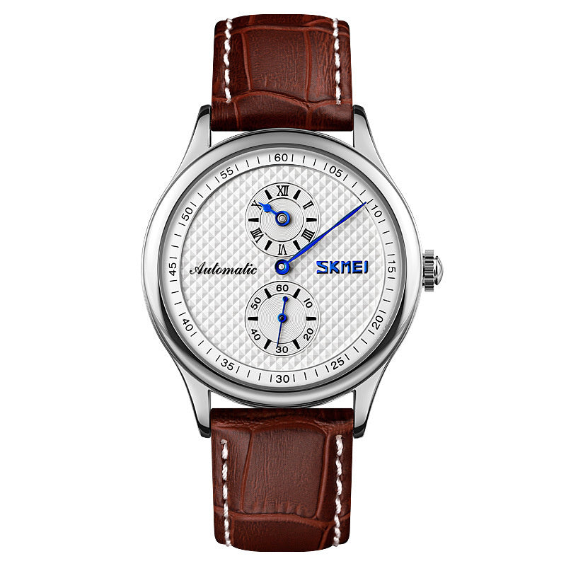 Men's Hours Minutes Seconds Hands Split Business Watch featuring a leather strap and zinc alloy case, designed for style and functionality.