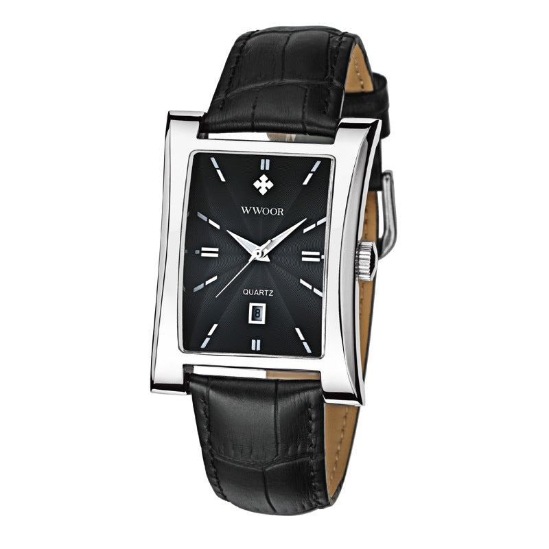 Men's leather strap quartz watch featuring a calendar, with a sleek design and durable mineral glass mirror.