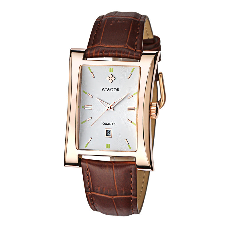 Men's leather strap quartz watch featuring a calendar, with a sleek design and durable mineral glass mirror.