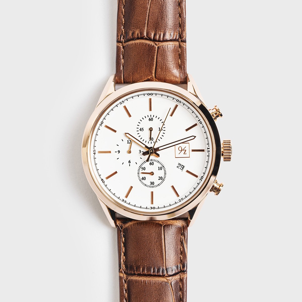 Men's Luxury Chronograph Watch featuring a stainless steel case, chronograph dials, and an overstitched leather strap in three colors.