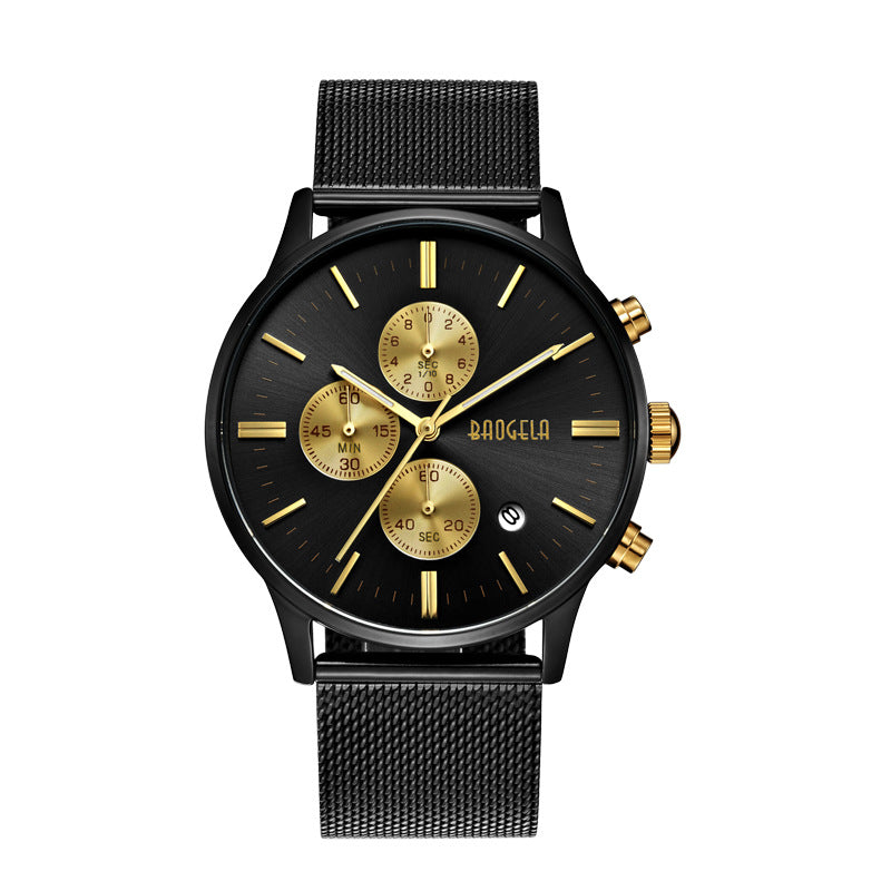 Men's Mesh Belt Waterproof Quartz Watch featuring a steel mesh strap, alloy case, and luminous pointers for visibility.