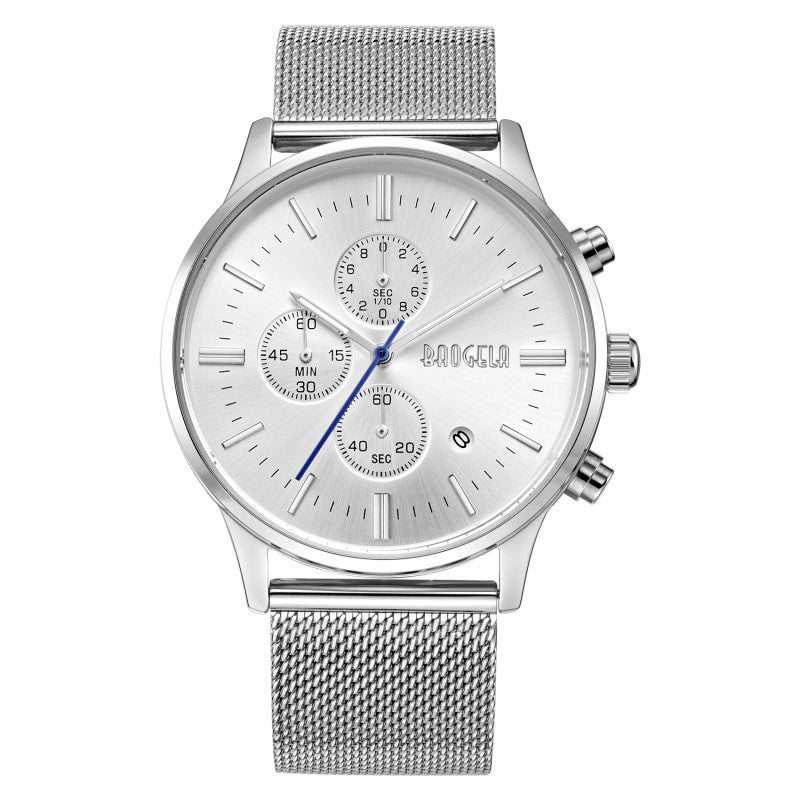 Men's Mesh Belt Waterproof Quartz Watch featuring a steel mesh strap, alloy case, and luminous pointers for visibility.