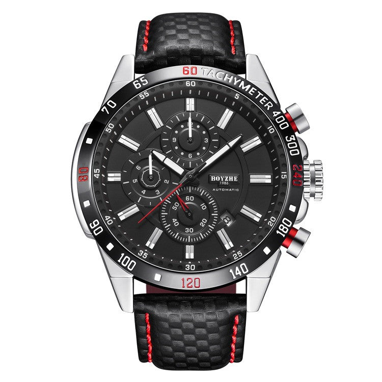 Men's Sports Business Multi-Function Mechanical Watch with leather strap and metal case, showcasing a stylish design and automatic movement.