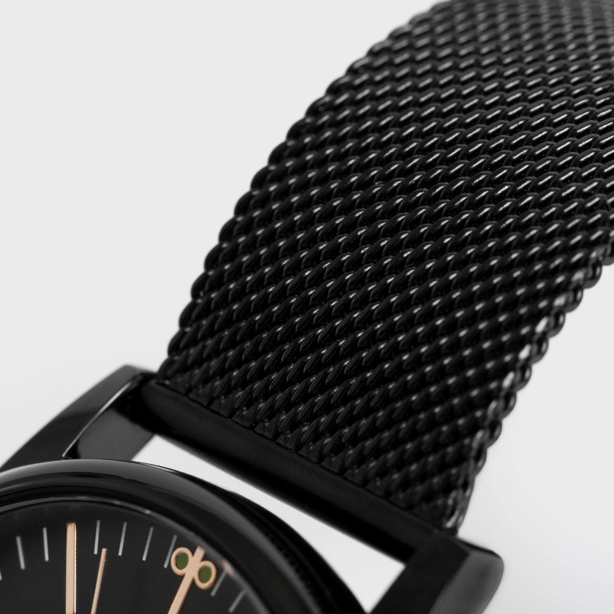 Men's Steel Mesh-Belt Watch featuring a black dial and rose gold hands with a stainless steel mesh band.