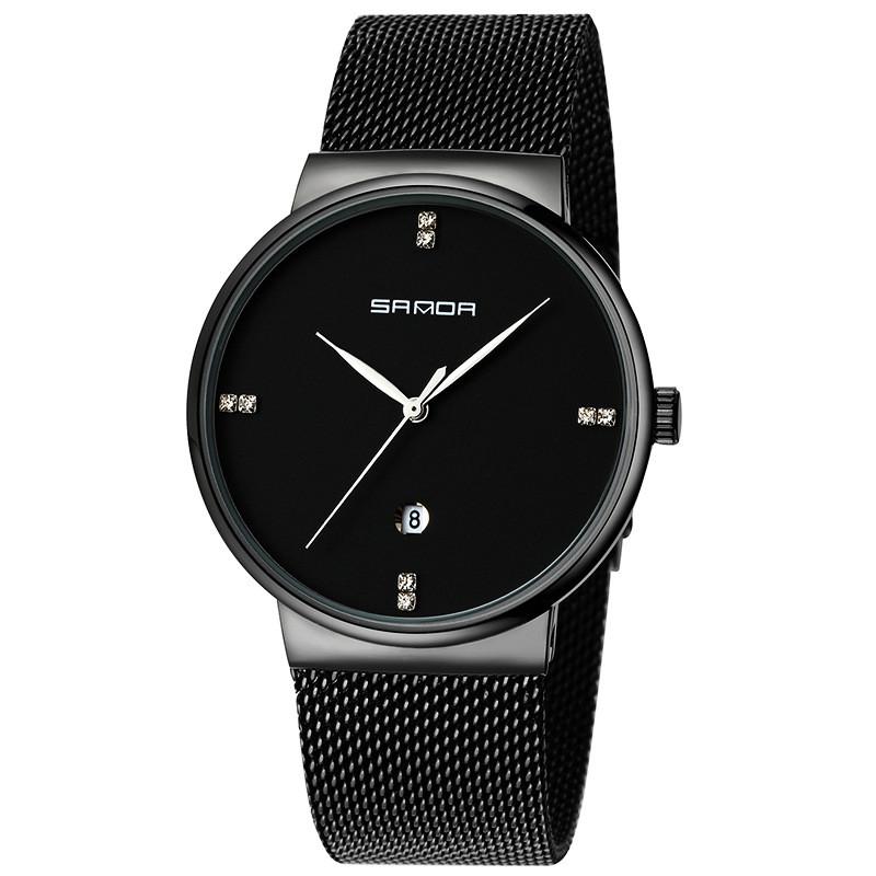 A stylish mesh band waterproof quartz watch for men, featuring a stainless steel strap and a zinc alloy case.