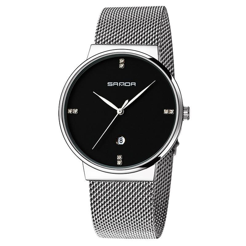 A stylish mesh band waterproof quartz watch for men, featuring a stainless steel strap and a zinc alloy case.