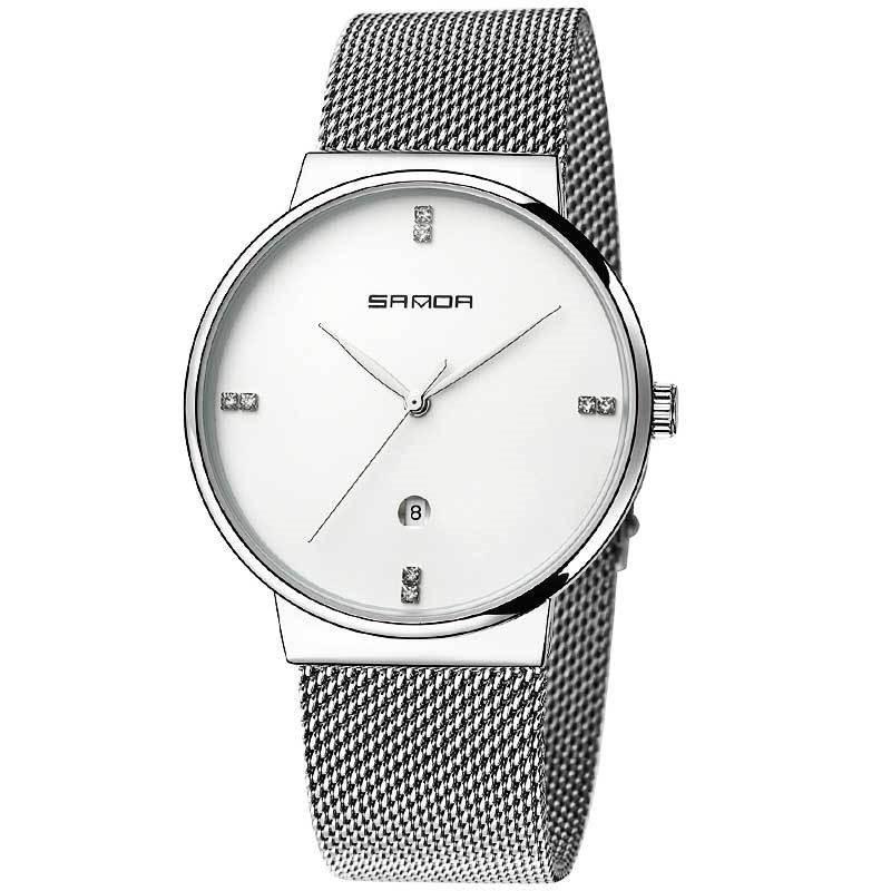 A stylish mesh band waterproof quartz watch for men, featuring a stainless steel strap and a zinc alloy case.