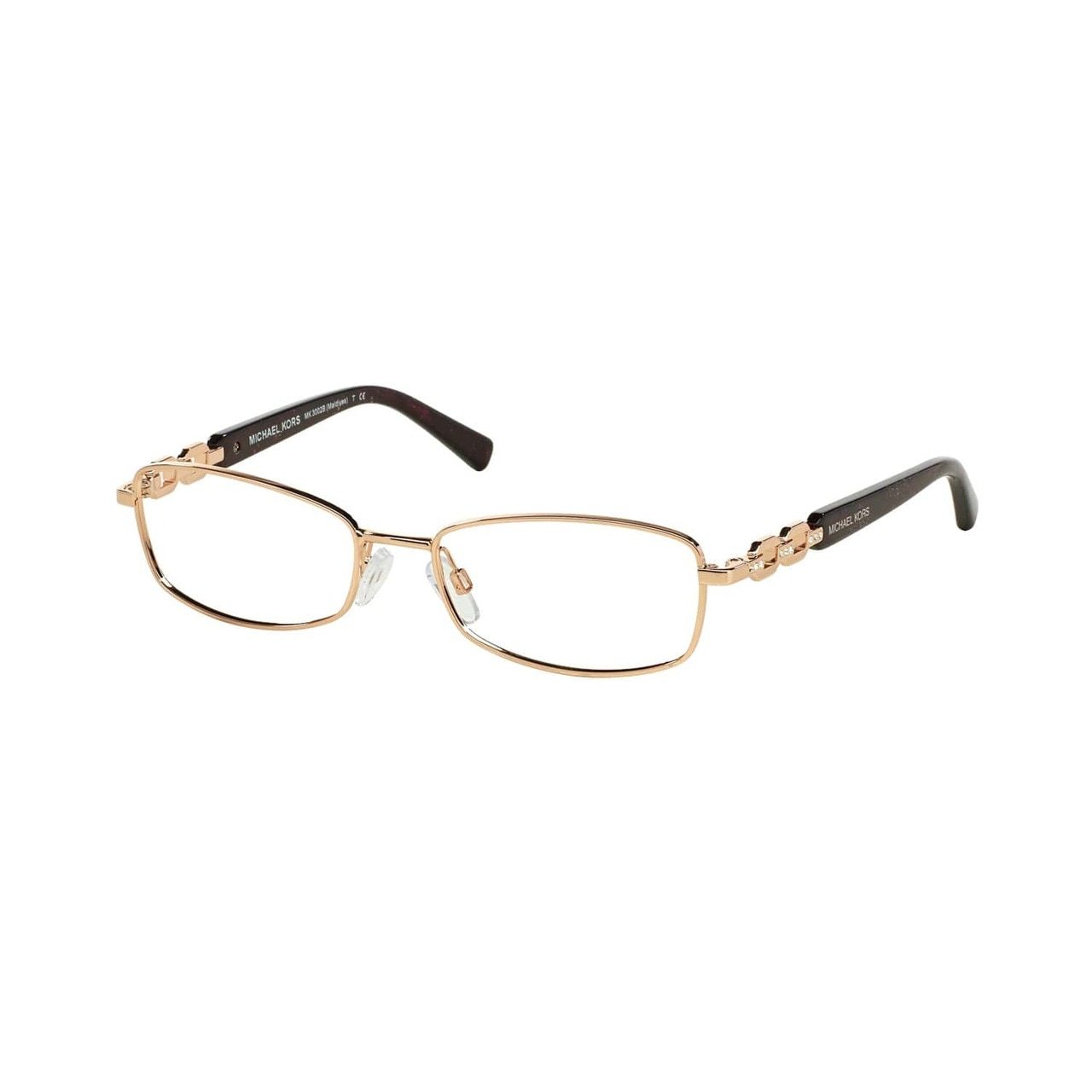 Michael Kors MK 3002B-1026 Maldives Rose Gold Rectangular Women's Metal Eyeglasses showcasing a stylish rose gold frame and rectangular lenses.