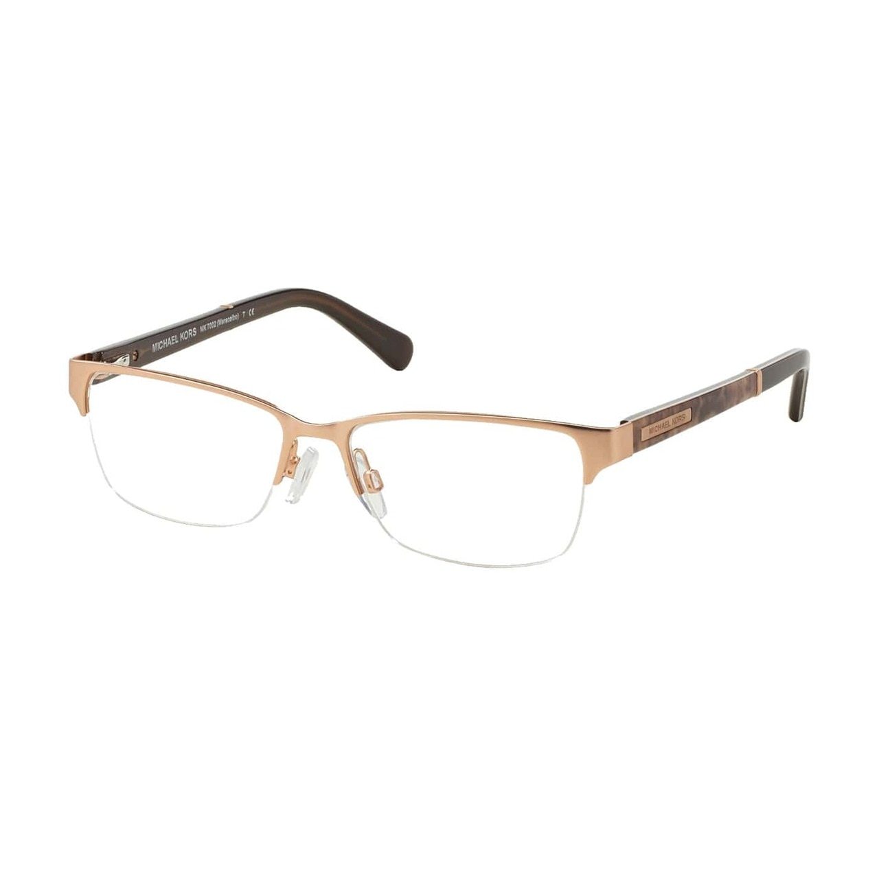 Michael Kors MK 7002-1007 Maracaibo Satin Rose Gold Rectangular Metal Eyeglasses showcasing a stylish half-rim design and luxurious finish.