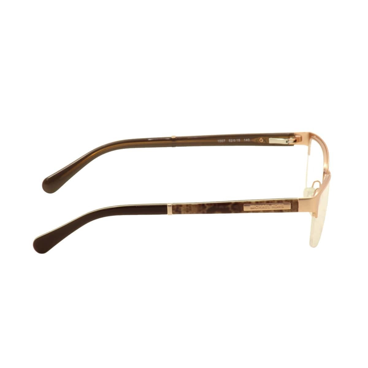 Michael Kors MK 7002-1007 Maracaibo Satin Rose Gold Rectangular Metal Eyeglasses showcasing a stylish half-rim design and luxurious finish.