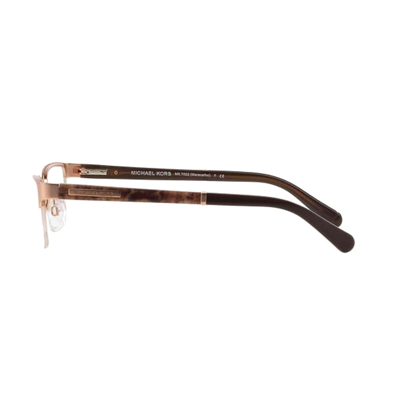 Michael Kors MK 7002-1007 Maracaibo Satin Rose Gold Rectangular Metal Eyeglasses showcasing a stylish half-rim design and luxurious finish.