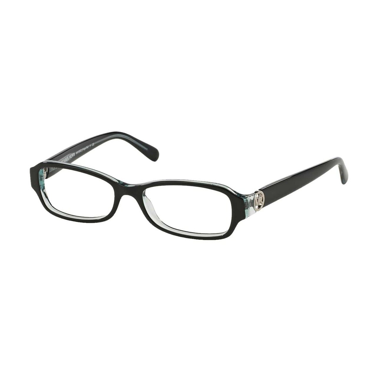 Michael Kors MK 8002-3001 Anguilla Black Blue Rectangular Women's Acetate Eyeglasses displayed elegantly.