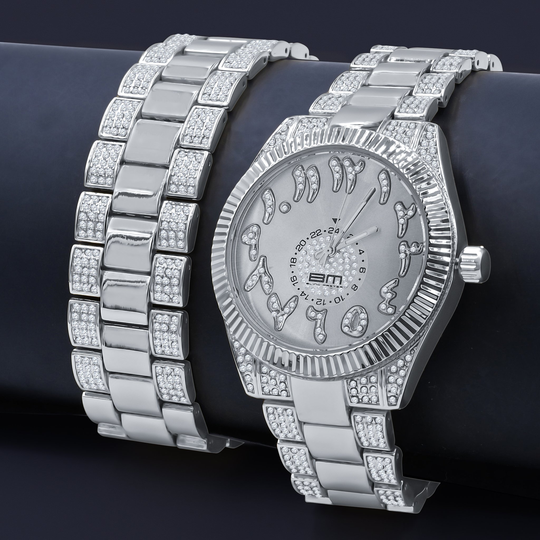 MOONBEAM Watch Set featuring a stylish slatey design with CZ stone accents and Urdu digit hour markers on a metal strap.