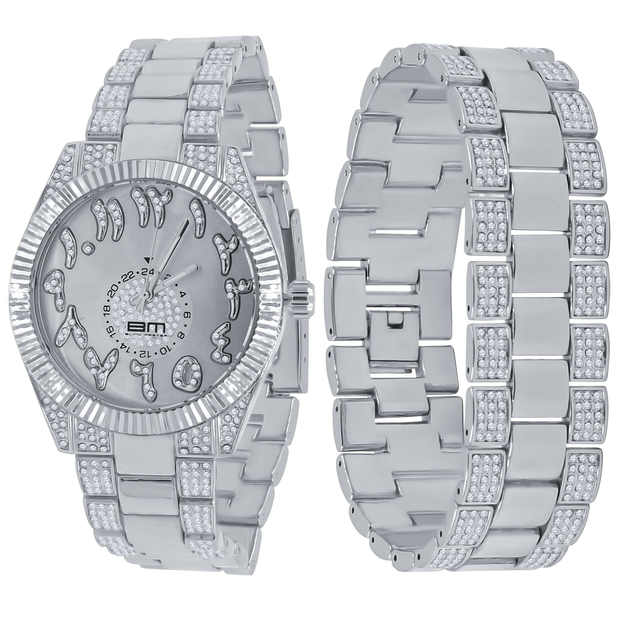 MOONBEAM Watch Set featuring a stylish slatey design with CZ stone accents and Urdu digit hour markers on a metal strap.