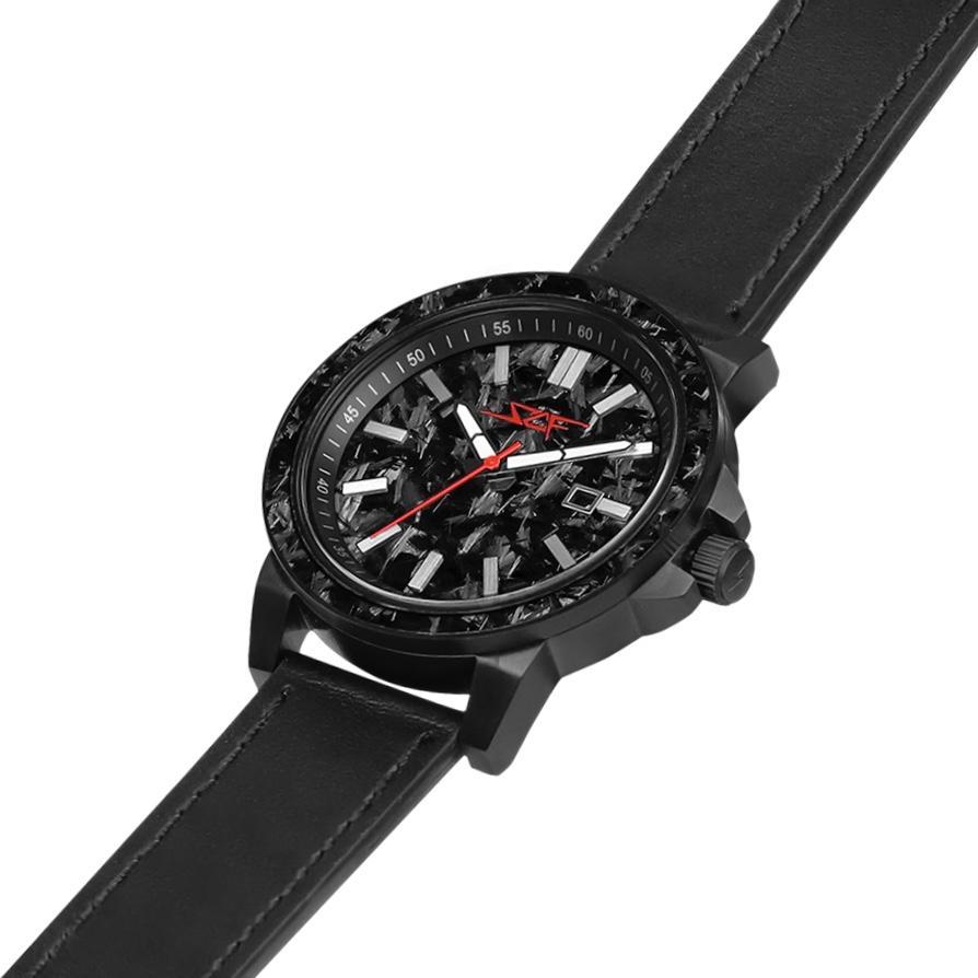 MONZA APOLLO Series Forged Carbon Fiber Watch featuring a 42mm forged carbon fiber dial and stainless steel case.