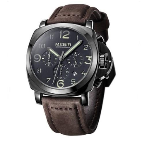 Multifunction Calendar Sports Quartz Watch for Men featuring a high-quality alloy case and leather strap, showcasing its stylish design and luminous hands.