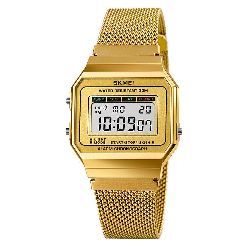 A stylish multifunctional small gold watch with a digital display, featuring luminous functions and a stainless steel buckle.