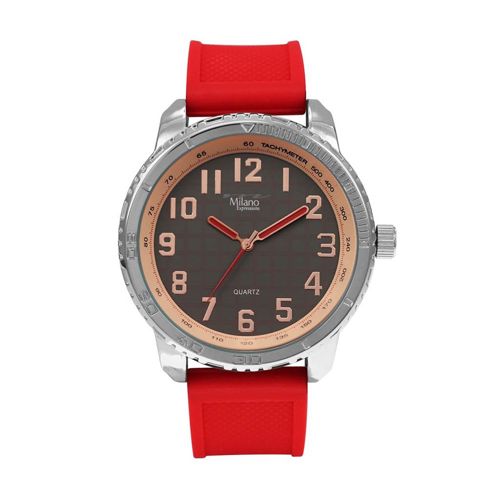 M Milano Expressions Red Rubber Strap Watch featuring a silver case and grey dial, showcasing a modern and stylish design.