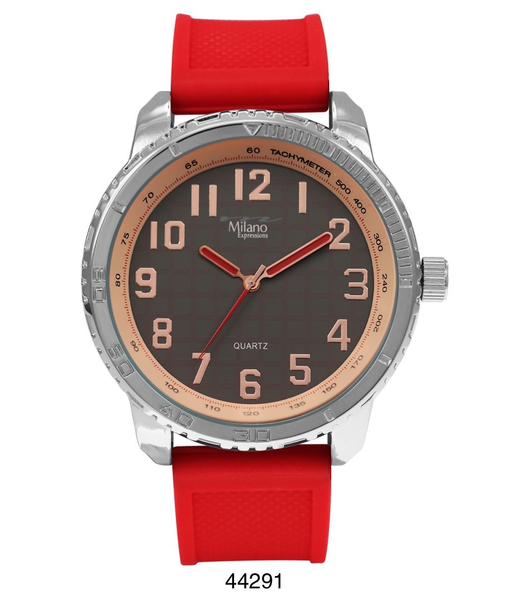 M Milano Expressions Red Rubber Strap Watch featuring a silver case and grey dial, showcasing a modern and stylish design.