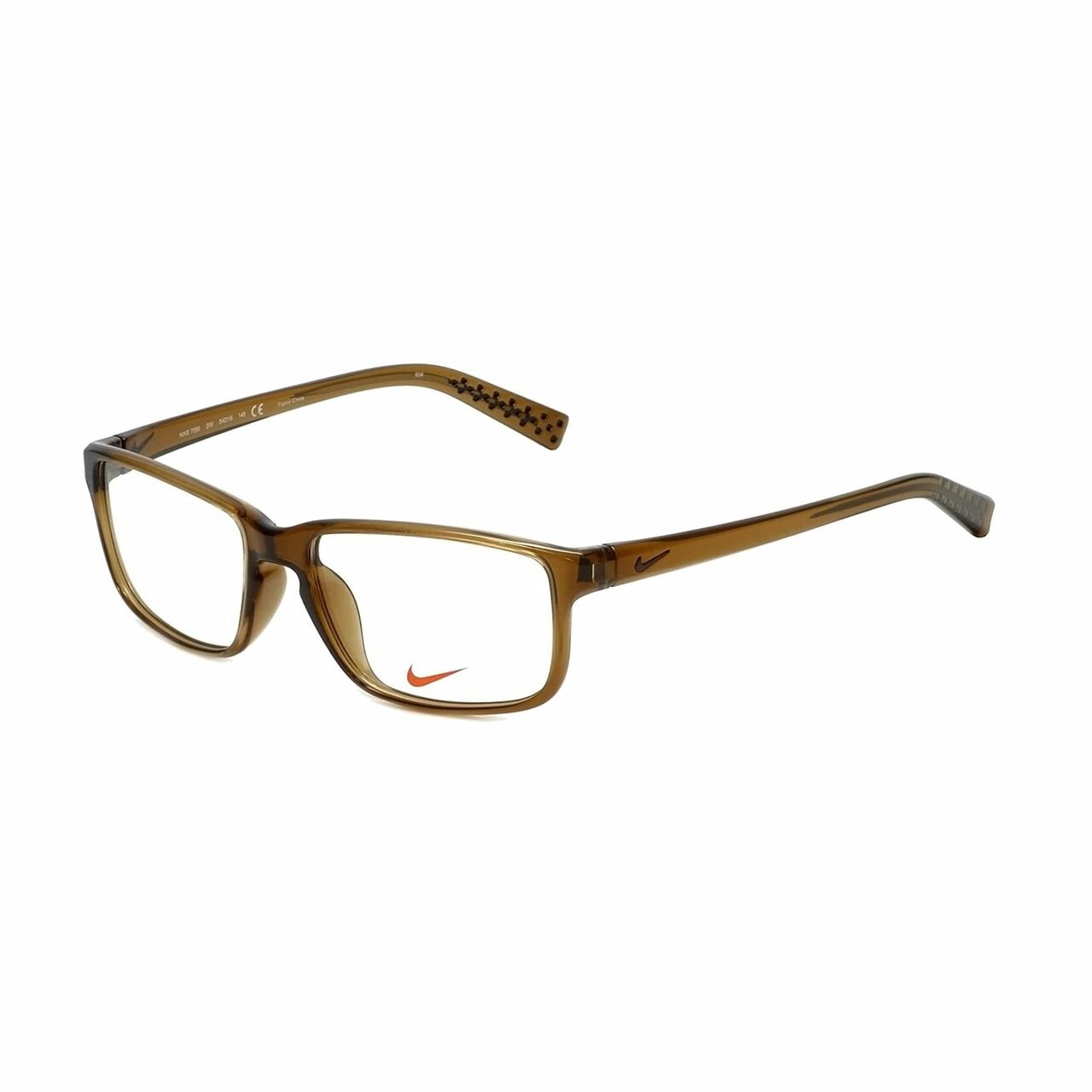 Nike 7095-200 Brown Walnut Square Unisex Plastic Eyeglasses displayed in a stylish case, showcasing their elegant design and color.