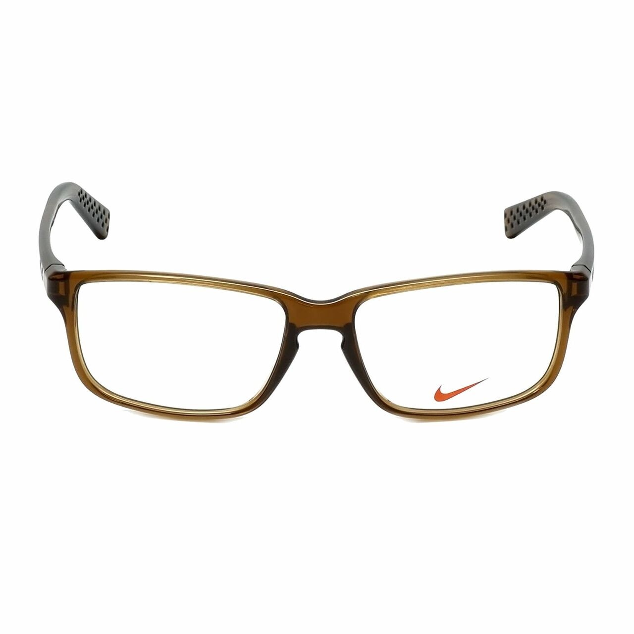 Nike 7095-200 Brown Walnut Square Unisex Plastic Eyeglasses displayed in a stylish case, showcasing their elegant design and color.