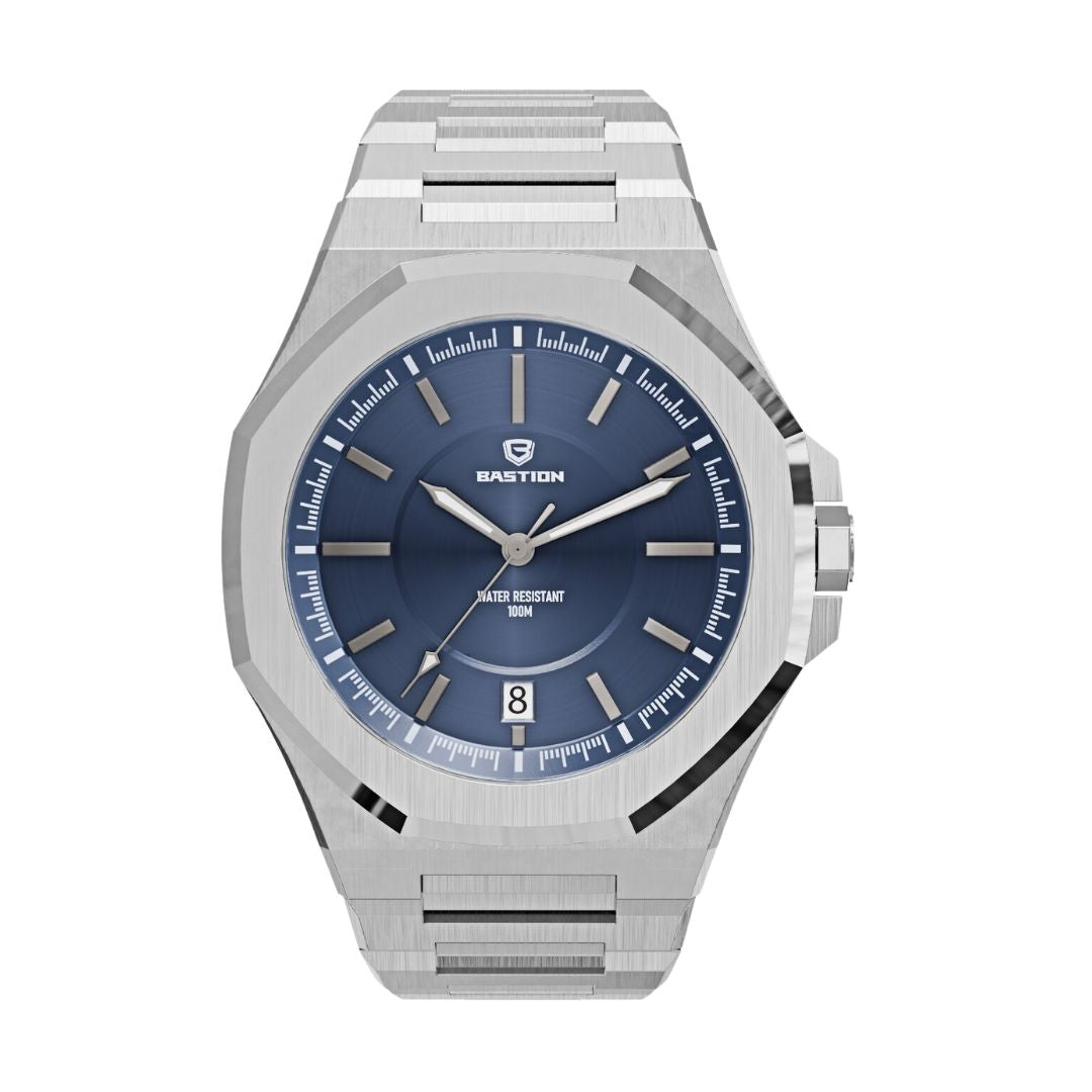 NOMAD Stainless Steel Automatic 42mm Watch with a sleek design, waterproof up to 100m, featuring a sapphire crystal and steel bracelet.