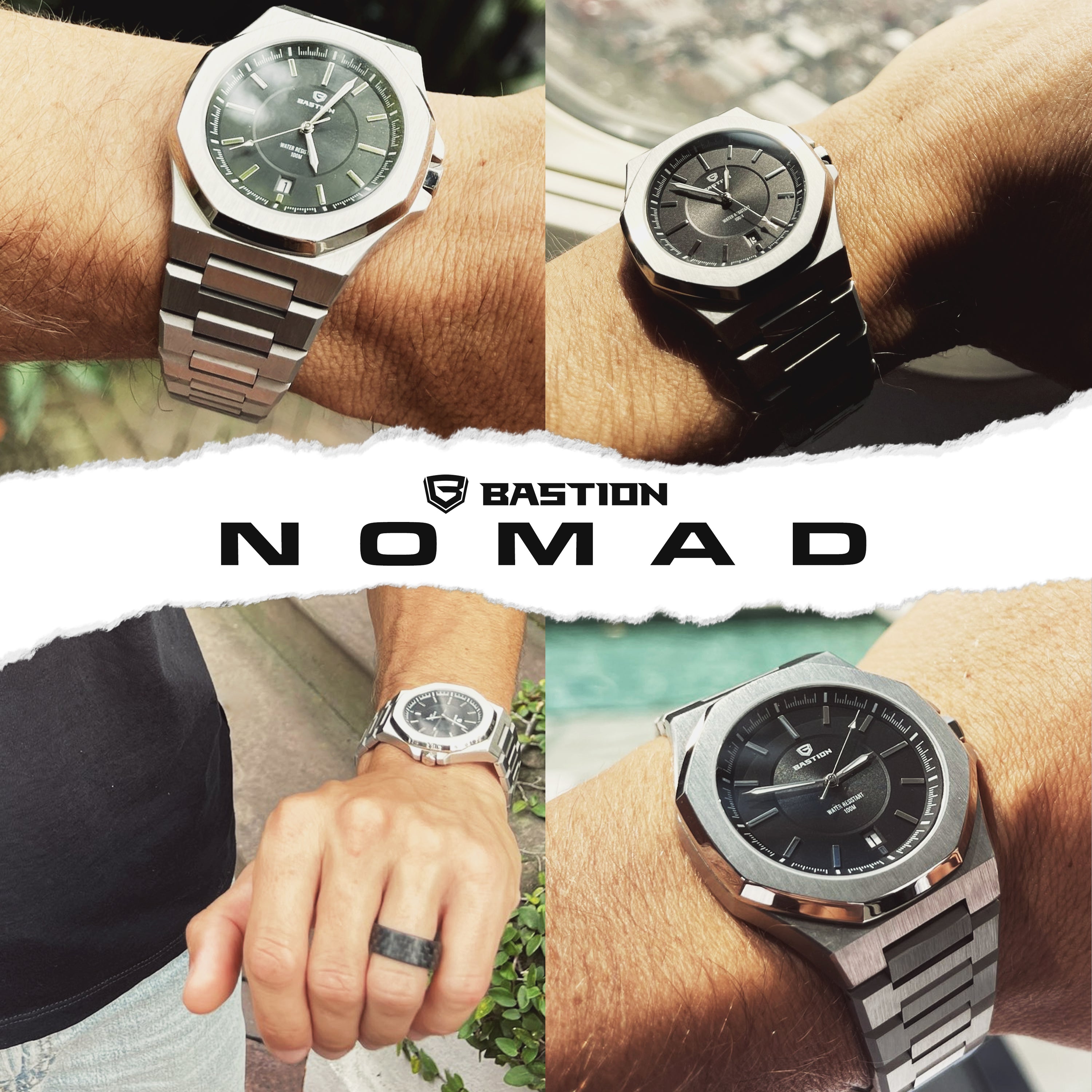 NOMAD Stainless Steel Automatic 42mm Watch with a sleek design, waterproof up to 100m, featuring a sapphire crystal and steel bracelet.