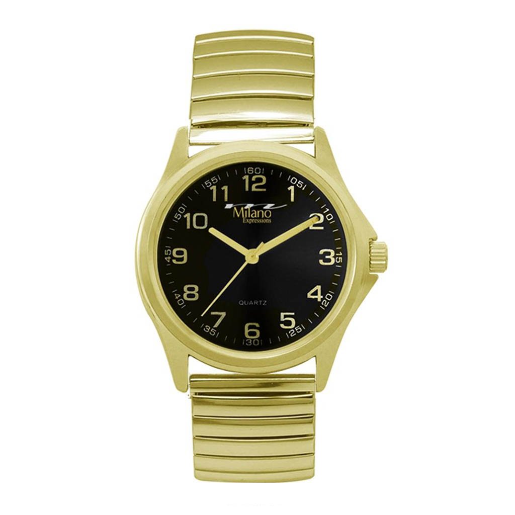 Nover M Milano Expressions Gold Flex Band Watch featuring a black dial and stainless steel band, showcasing elegance and style.