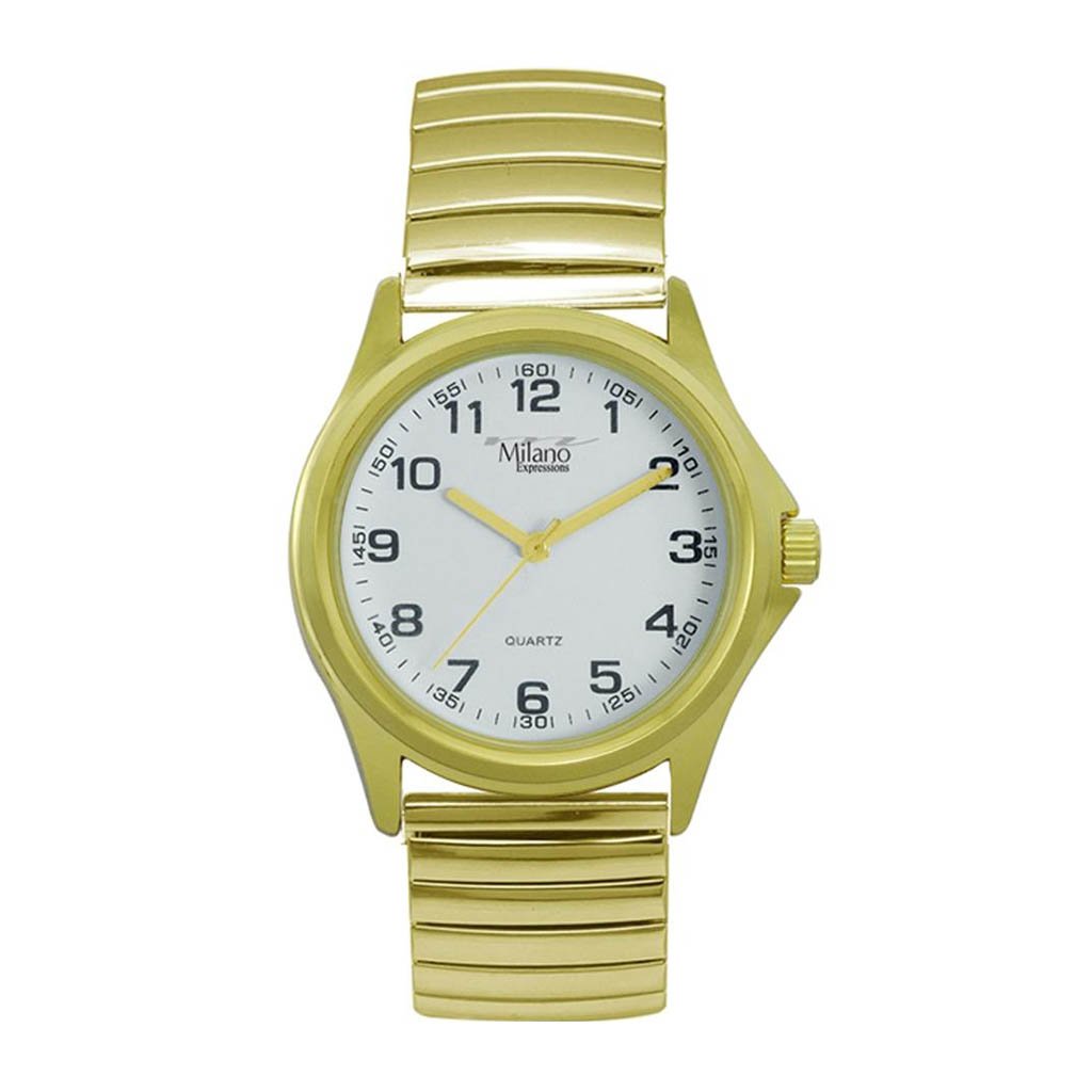 Oakland Gold Flex Strap Watch featuring a white dial and stainless steel band, showcasing elegance and durability.