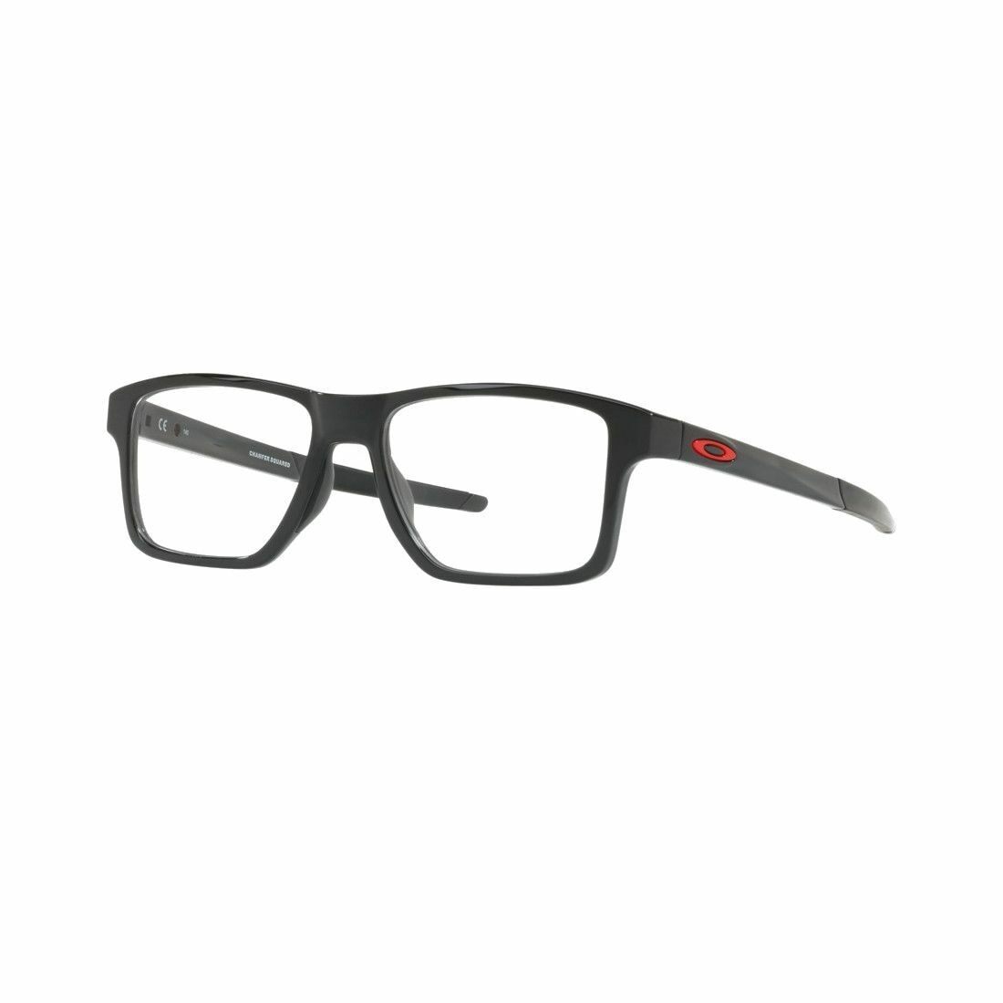 Oakley OX8143-0352 Chamfer Squared eyeglasses in polished black with square lenses and adjustable temples.