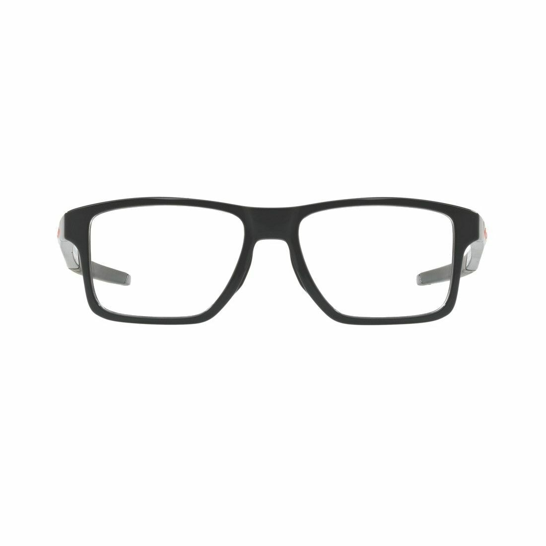 Oakley OX8143-0352 Chamfer Squared eyeglasses in polished black with square lenses and adjustable temples.