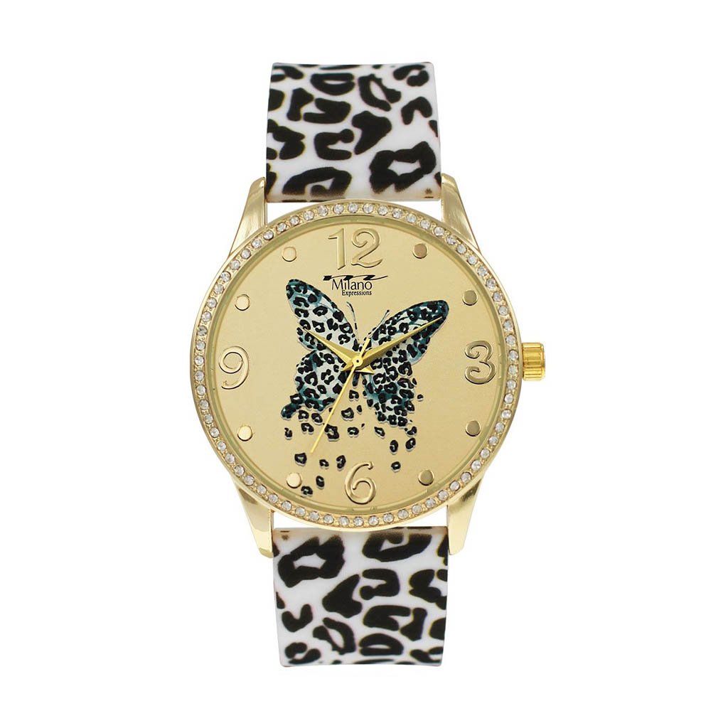 M Milano Expressions Ocala watch featuring a leopard strap and butterfly dial, showcasing its stylish design and durable materials.