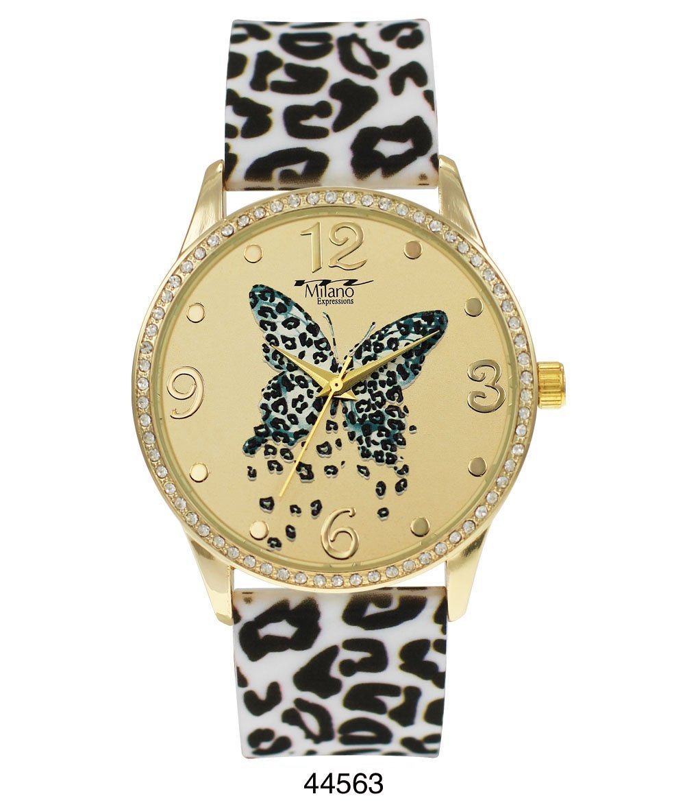 M Milano Expressions Ocala watch featuring a leopard strap and butterfly dial, showcasing its stylish design and durable materials.