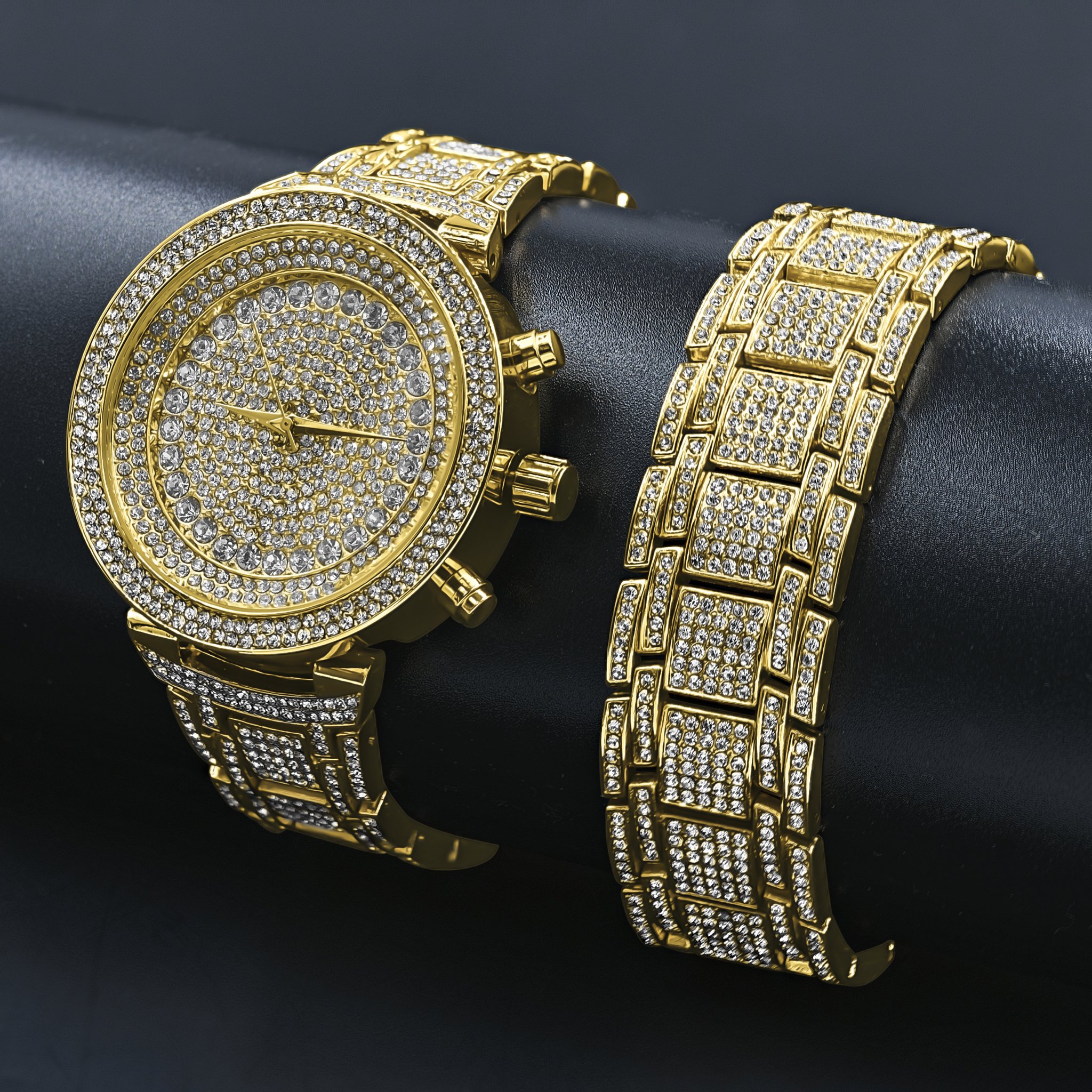 Opulent Ultra Bling Watch Set featuring a luxury iced-out watch and matching bracelet, showcasing a dazzling design and adjustable band.