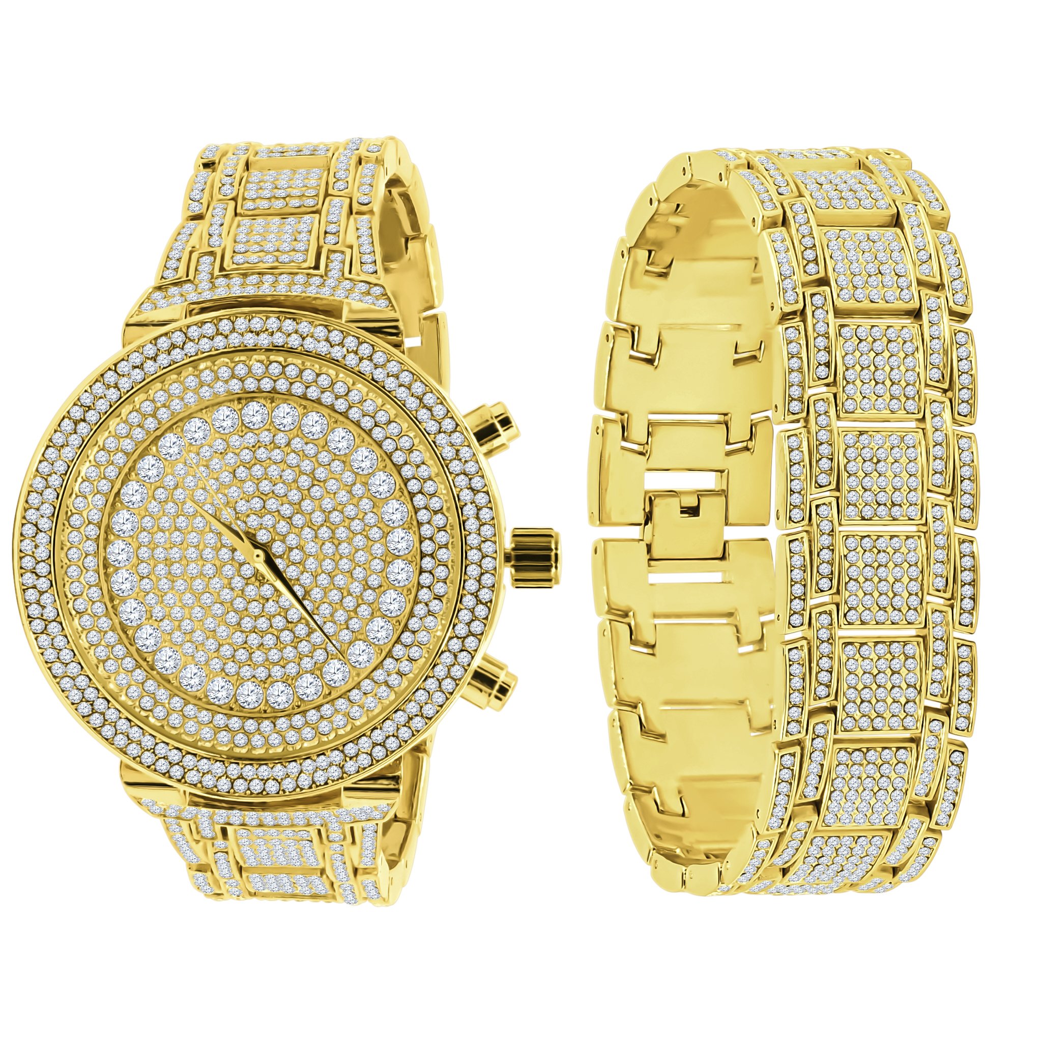 Opulent Ultra Bling Watch Set featuring a luxury iced-out watch and matching bracelet, showcasing a dazzling design and adjustable band.