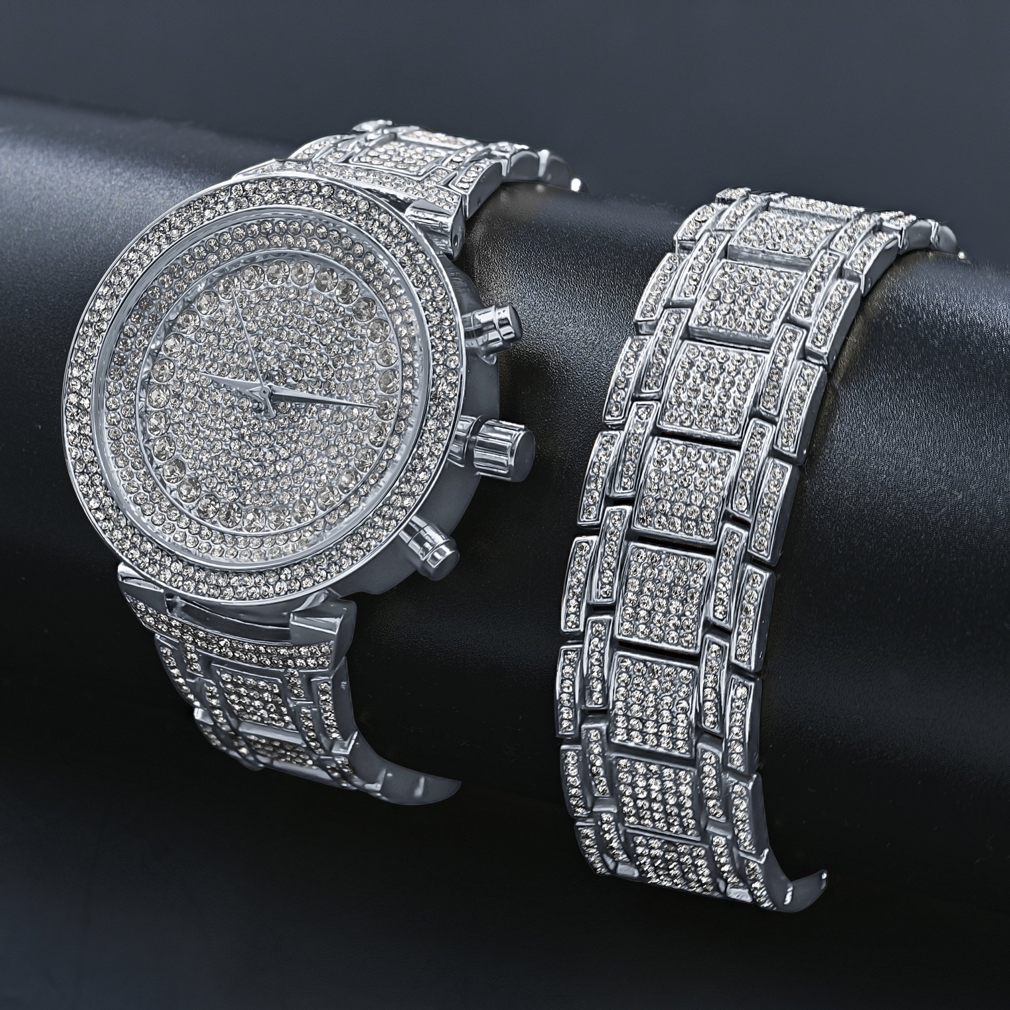 Opulent Ultra Bling Watch Set featuring a luxurious iced-out design with a matching bracelet, showcasing elegance and style.