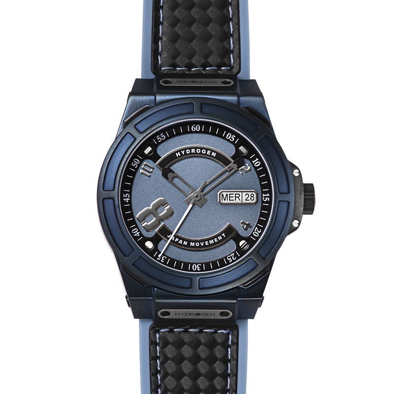 Otto All Blue watch featuring a metallic blue dial, black steel track, and a black and blue strap, set in a stainless steel case.