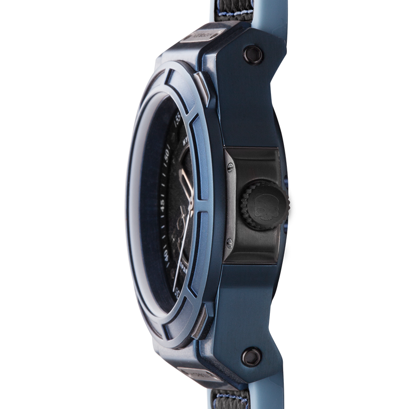 Otto All Blue watch featuring a metallic blue dial, black steel track, and a black and blue strap, set in a stainless steel case.