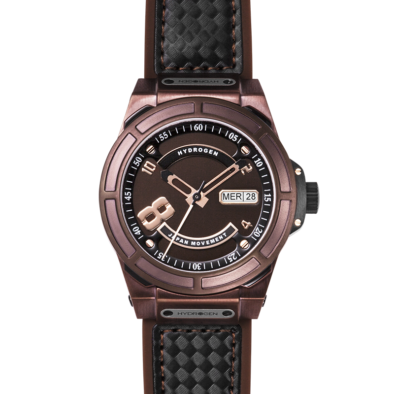 Otto All Brown watch featuring oversized dial with brown lower dial and rose gold accents, complemented by a black carbon fiber and brown silicone strap.