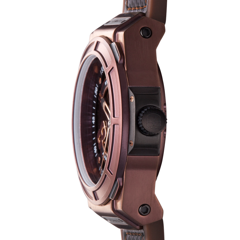 Otto All Brown watch featuring oversized dial with brown lower dial and rose gold accents, complemented by a black carbon fiber and brown silicone strap.