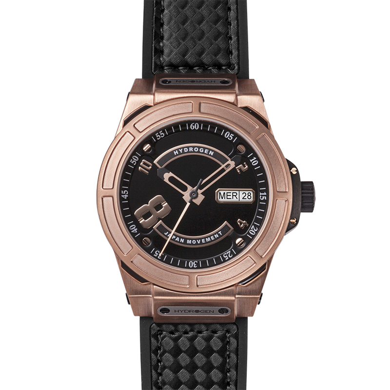 Otto Black Rose Gold watch featuring a black carbon fiber dial and silicone strap with rose gold accents.