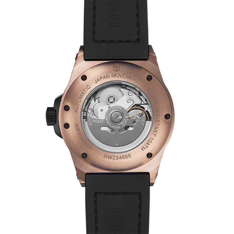 Otto Black Rose Gold watch featuring a black carbon fiber dial and silicone strap with rose gold accents.